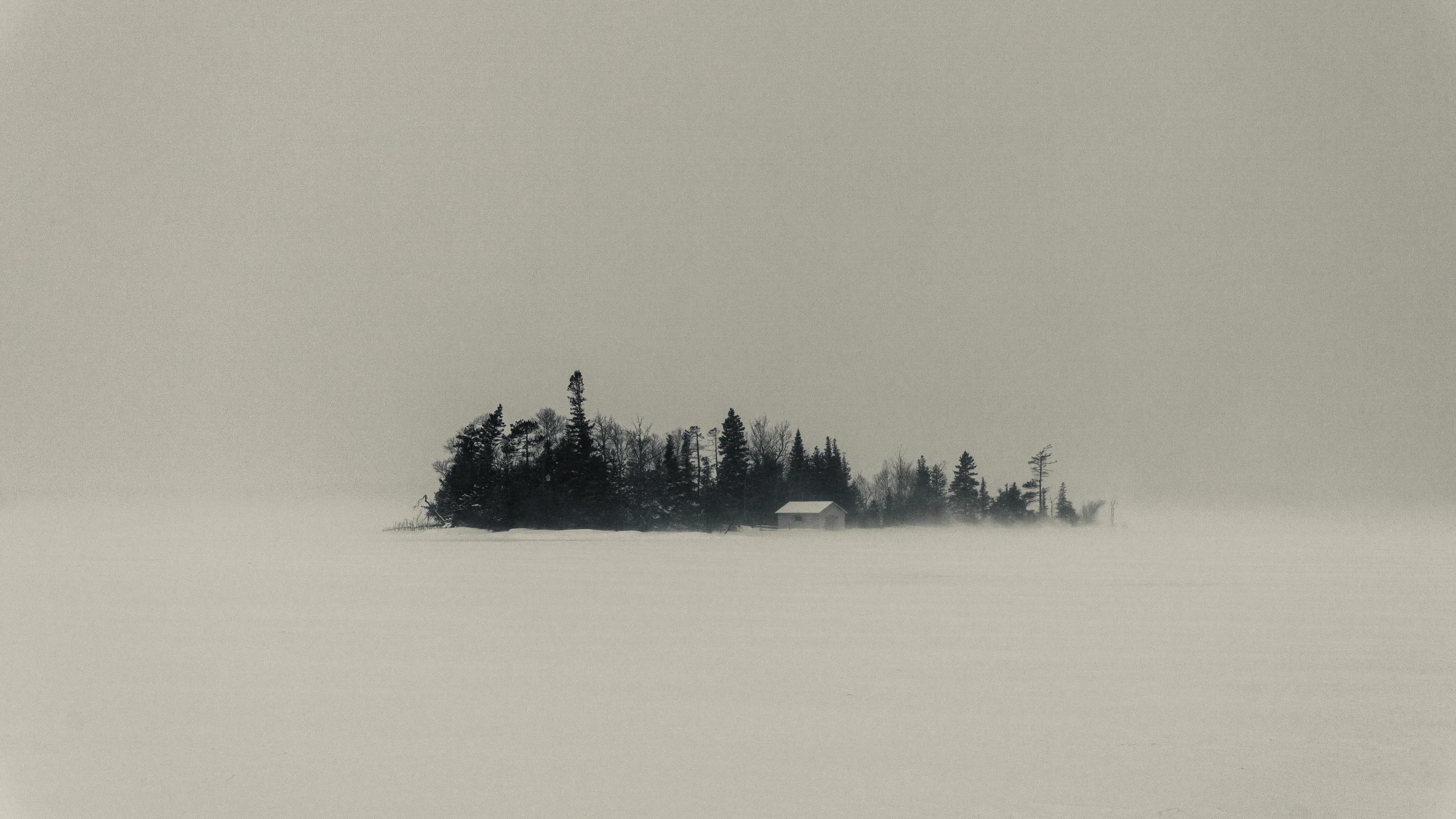 An island across still water in grayscale.