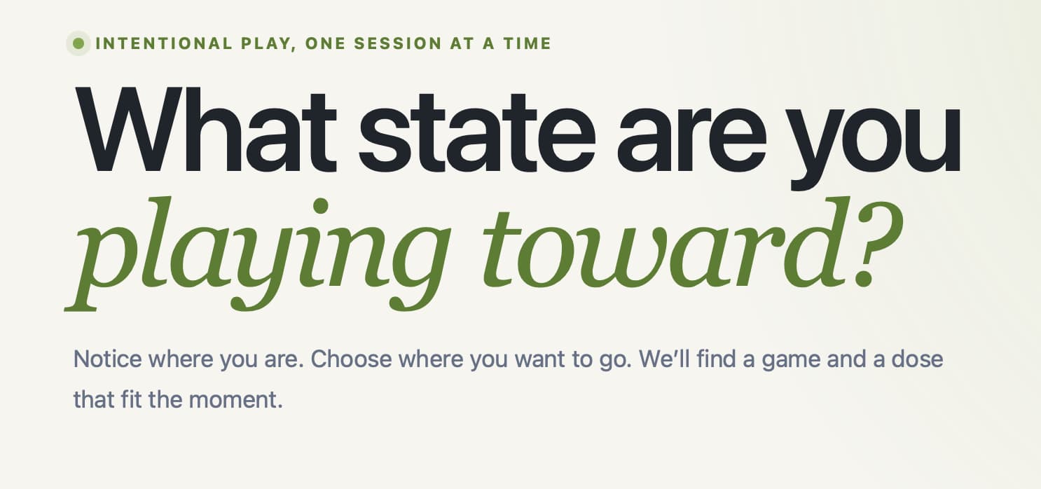 The gameMOOD landing page asking, ‘What state are you playing toward?’