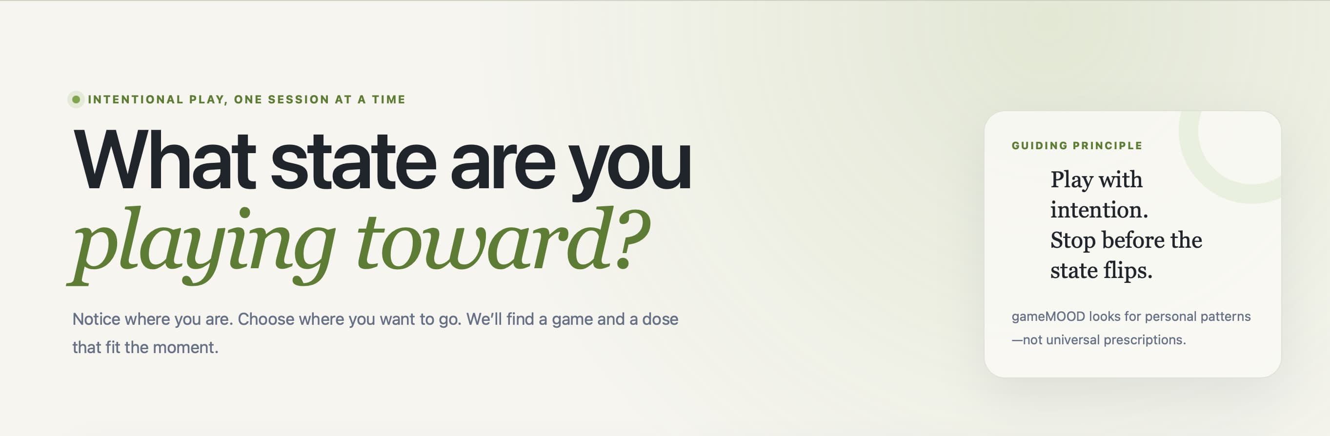 The gameMOOD landing page with its guiding principle card.